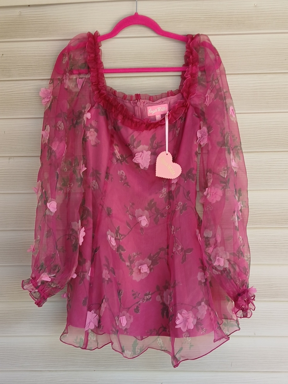 Sugar Thrillz Hot Pink Sheer Floral Ruffle-Neck Dress